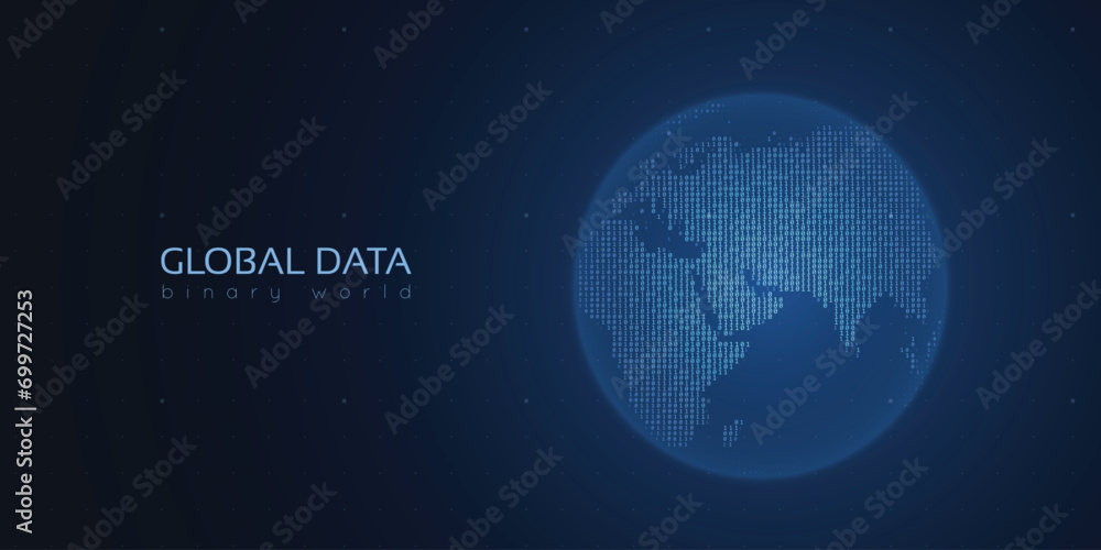 Poster Binary planet Earth. Big data global analytics. Worldwide data connection.