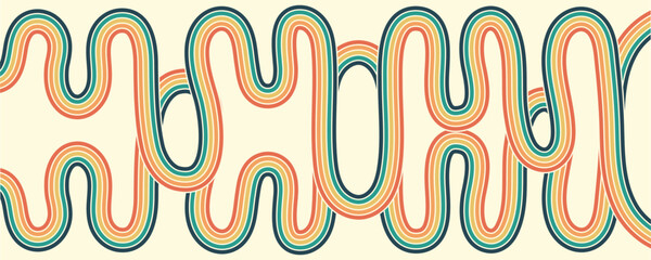 Abstract background of rainbow groovy Wavy Line design in 1970s Hippie Retro style. Vector pattern ready to use for cloth, textile, wrap and other.