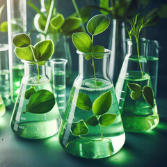beakers plants, Green leaves in the flask filled with water, Green Chemistry. ai generative - obrazy, fototapety, plakaty