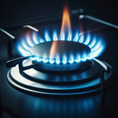 Closeup natural gas flame. Gas flame on dark background. Blue flames from gas stove burner. ai generative
