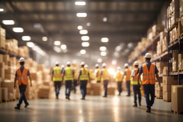 Blurred image of warehouse employees in action. ai generative
