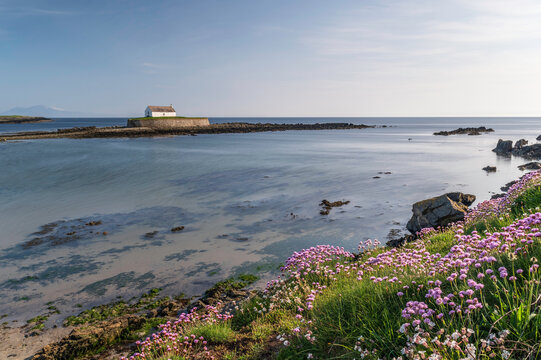 St. Cwyfan's church, Aberffraw. Anglesey. North Wales. A view of St. Cwyfan's church at low tide. Also known as the "Church in the sea".