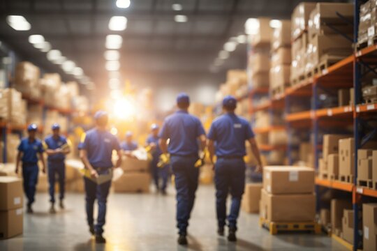 Blurred image of warehouse employees in action. ai generative
