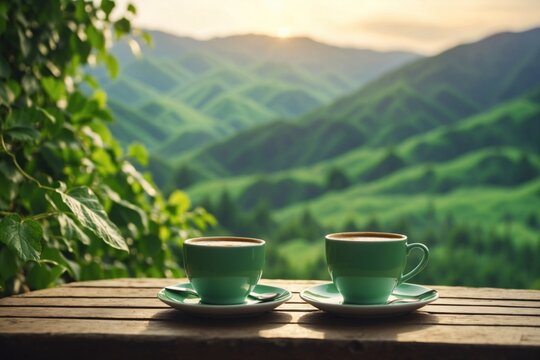 Cup of coffee placed on table in green mountains landscape background. ai generative