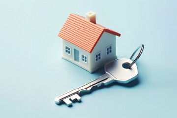 House key with a miniature house on solid background. ai generative