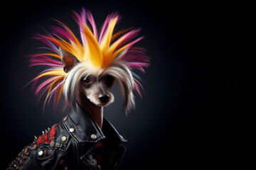Chinese crested as a punk with bright mohawk on solid dark background. ai generative