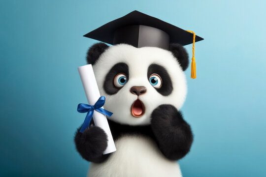 Photo of a Surprised panda wear graduation hat and hold diploma on a blue background. ai generative