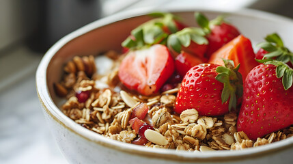 Fresh Strawberry Slices on Granola Breakfast Bowl - Generative AI