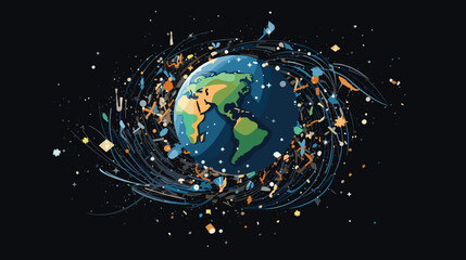 challenges of space debris in a vector art piece illustrating Earth's orbit cluttered with defunct satellites. cleanup missions  - obrazy, fototapety, plakaty