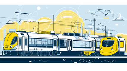 electric trains with a vector art piece showcasing trains arriving and departing from electrified stations. 