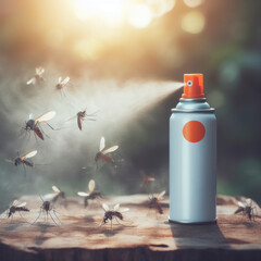Mosquito repellent, a can of spray sprays on mosquitoes nature blured background. ai generative - obrazy, fototapety, plakaty