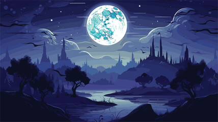 moonlit fantasy landscape in a vector scene featuring dreamlike elements under the moon's glow.  fantastical elements