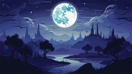 Gordijnen moonlit fantasy landscape in a vector scene featuring dreamlike elements under the moon's glow.  fantastical elements © J.V.G. Ransika