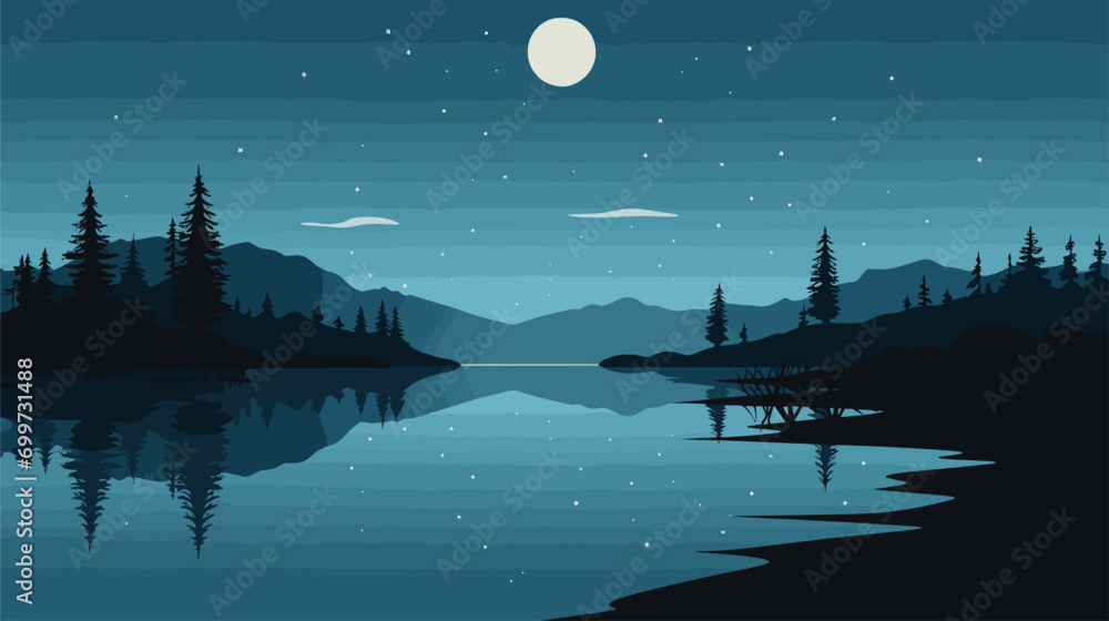 Poster moon's reflection on calm waters in a vector scene featuring a tranquil night by the water's edge.