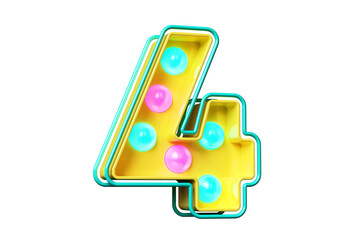 Colorful 80s style typography digit number 4. Light bulb marquee font. High quality 3D rendering.