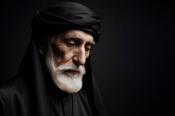 Old arab asian muslim man in black hijab clothes on solid black background. ai generative - obrazy, fototapety, plakaty