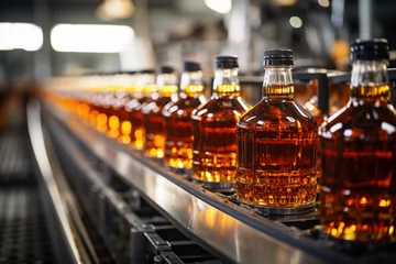 Keuken spatwand met foto Brewery conveyor glass cognac drink alcohol bottles, modern production line. Manufacturing bottling drinks bottling plant. Factory for the production of liquor. Blurred background. Selective focus. © Valeriia