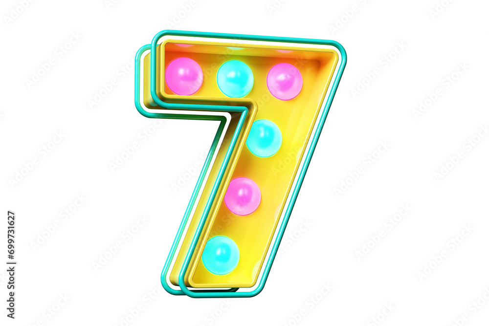 Poster eye catchingl colorful retro style font 3d digit number 7. nostalgic light bulb marquee lettering. h