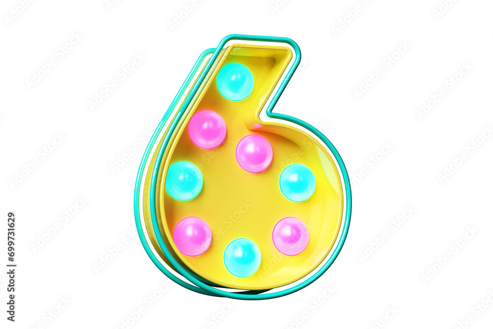 Poster 1980s style font digit number 6. light bulb marquee typeface. high quality 3d rendering.