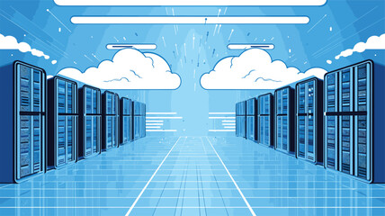 data storage with a vector art piece illustrating servers, data centers, and cloud storage.