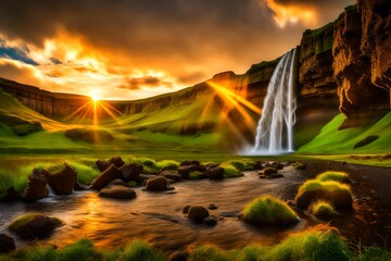 waterfall at sunset