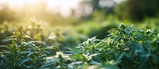 Fototapeta na wymiar Organic female marijuana plants with CBD provide high-quality medicinal cannabis at a legal plantation for healthcare and medicine.