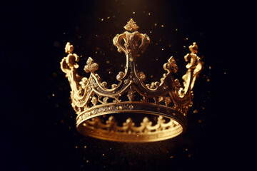 Photo of a Gold Crown on black background with fly particles. ai generative - obrazy, fototapety, plakaty