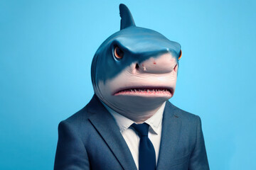 Photo of a angry agressive Shark in a business suit portrait on solid blue background. ai generative