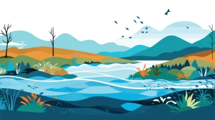 Fototapeten river ecosystem in a vector scene featuring flowing water, riverbank vegetation, and aquatic life.  © J.V.G. Ransika