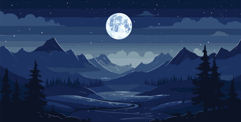 beauty of a moonlit fantasy landscape in a vector scene featuring dreamlike elements under the moon's glow. Illustrate imaginative landscapes with fantastical element