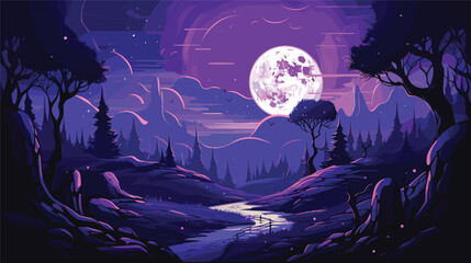 beauty of a moonlit fantasy landscape in a vector scene featuring dreamlike elements under the moon's glow. - obrazy, fototapety, plakaty