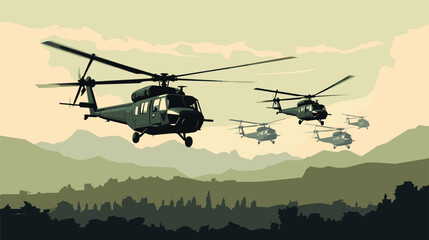 Fototapeta na wymiar Capture the military prowess of helicopters in a vector scene featuring military helicopters in action, engaged in reconnaissance, troop transport, and support missions. Illustrate the strategic signi