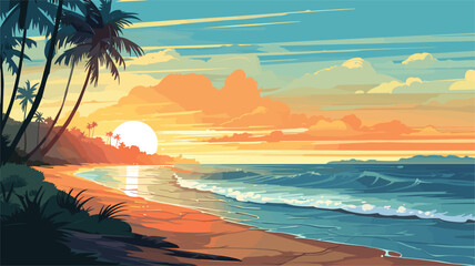 Fototapeta na wymiar sun's warm embrace on a serene beach in a vector scene featuring a sunlit shore. sunlight on sand and waves