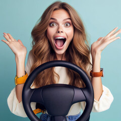 Portrait of astonished positive woman arms hold steering wheel open mouth isolated on color background. ai generative - obrazy, fototapety, plakaty