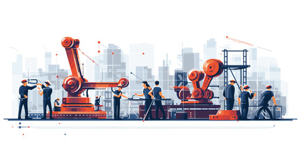 vector art piece showcasing an array of robots and men working together on large-scale manufacturing processes.