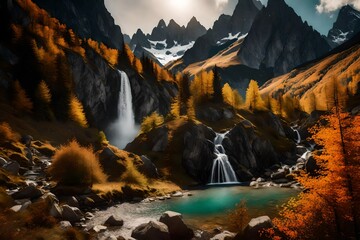 waterfall and mountains