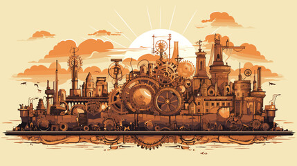 Steampunk Dystopia. elaborate machinery, gears, and steam-powered contraptions against an industrial backdrop. - obrazy, fototapety, plakaty