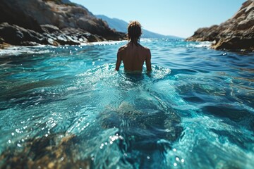 A man swims in clear blue water near a rocky shore, exploring the depths of the sea, the concept of adventure and natural beauty, tranquility and harmony with nature