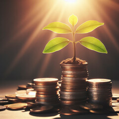Saving money concept, Tree growing on coins stack with sun ray. ai generative