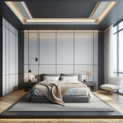 Minimalist bedroom interior, incredibly detailed, intricate details, sharpen 