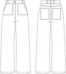 wide leg palazzo sailor pant with pocket trouser template technical drawing flat sketch cad mockup fashion woman style design model jean denim - obrazy, fototapety, plakaty