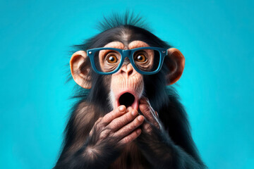 Surprised chimpanzee wear glasses on bright blue background. ai generative - obrazy, fototapety, plakaty