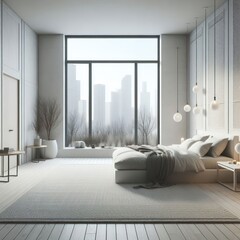 Minimalist bedroom interior, incredibly detailed, intricate details, sharpen 