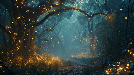 A magical forest illuminated by thousands of fireflies, with ancient trees and hidden paths,