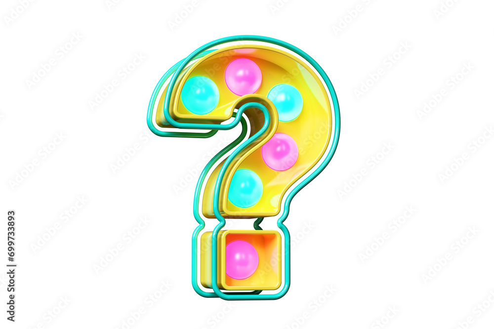 Poster 80s light bulb marquee in the shape of interrogation sign. high quality 3d rendering.