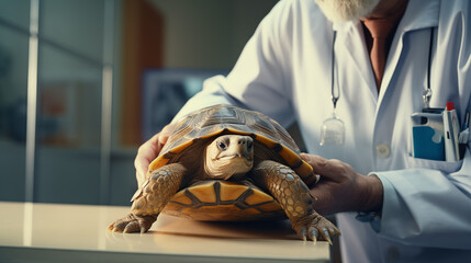 A turtle is being held by a veterinarian in an animal hospital veterinary. A close-up realistic picture of an exotic pet. - obrazy, fototapety, plakaty
