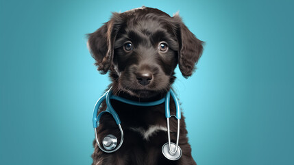 A cute black puppy with stethoscope isolated on green background. A close-up realistic picture of a pet for an animal hospital.