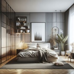 minimalist bedroom interior, incredibly detailed, intricate details, sharpen
