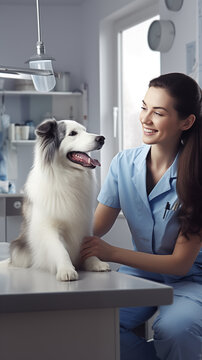 A cute longhair white dog is being treated by a female veterinarian in an animal hospital. A close-up realistic picture of a pet in healthcare center.