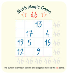 Magic math game. (Magic square)  Recreational mathematics and educational series vector illustration.